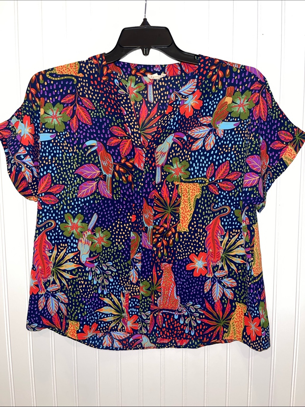 JODIFL Navy Tropical Print Short Sleeve Blouse